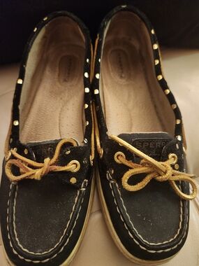 Sperry Black Suede Boat Shoes with Gold Studs and Laces